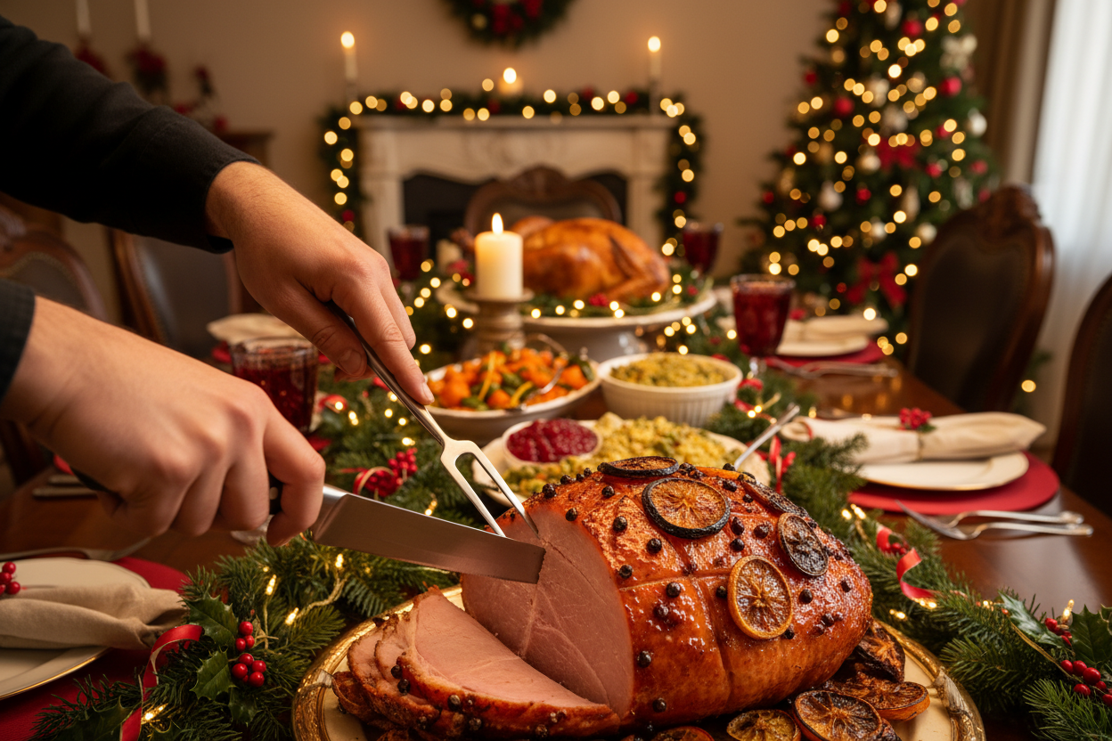 une personne coupant un jambon de noël